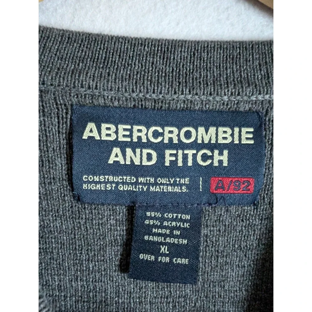 Vtg Abercrombie & Fitch Mens XL Gray Ribbed V-Neck Sweater 92 Logo Cotton Blend